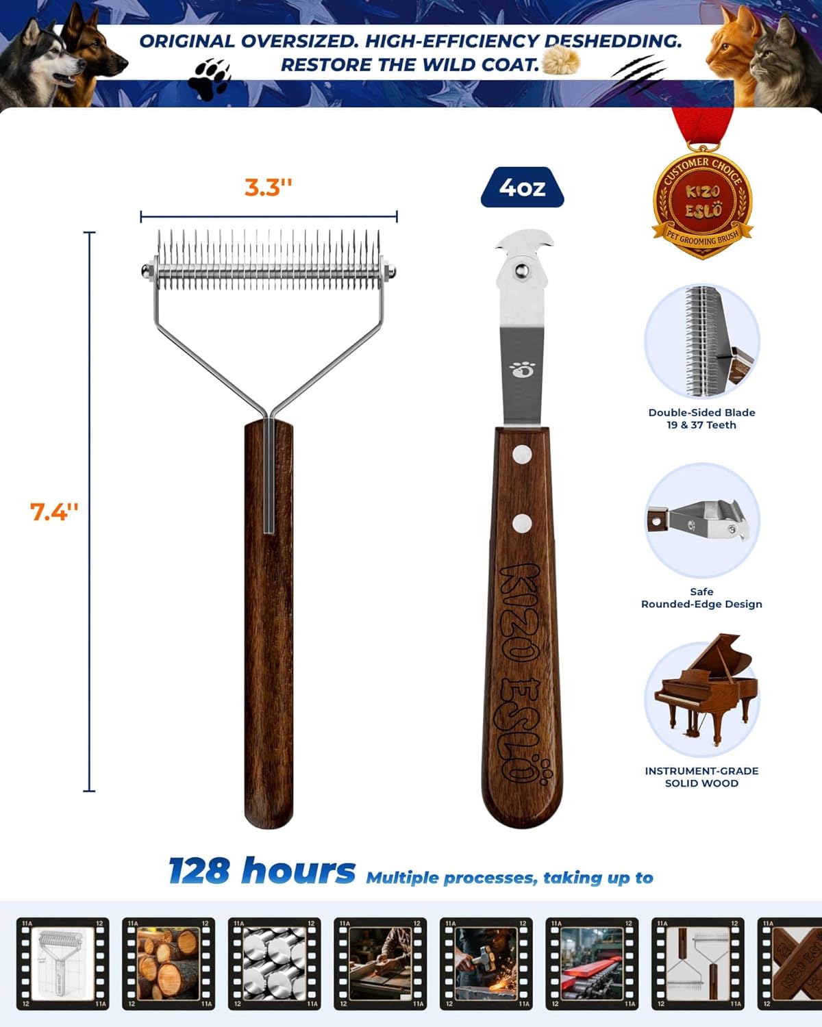 Extra Large 2-Sided Undercoat Rake for Dogs & Cats, Dog Brush for Shedding Remove Mats, Dematting Comb, Safe&Gentle Grooming Brush for German Shepherds Medium to Long-Haired Pets,Premium Wooden Handle
