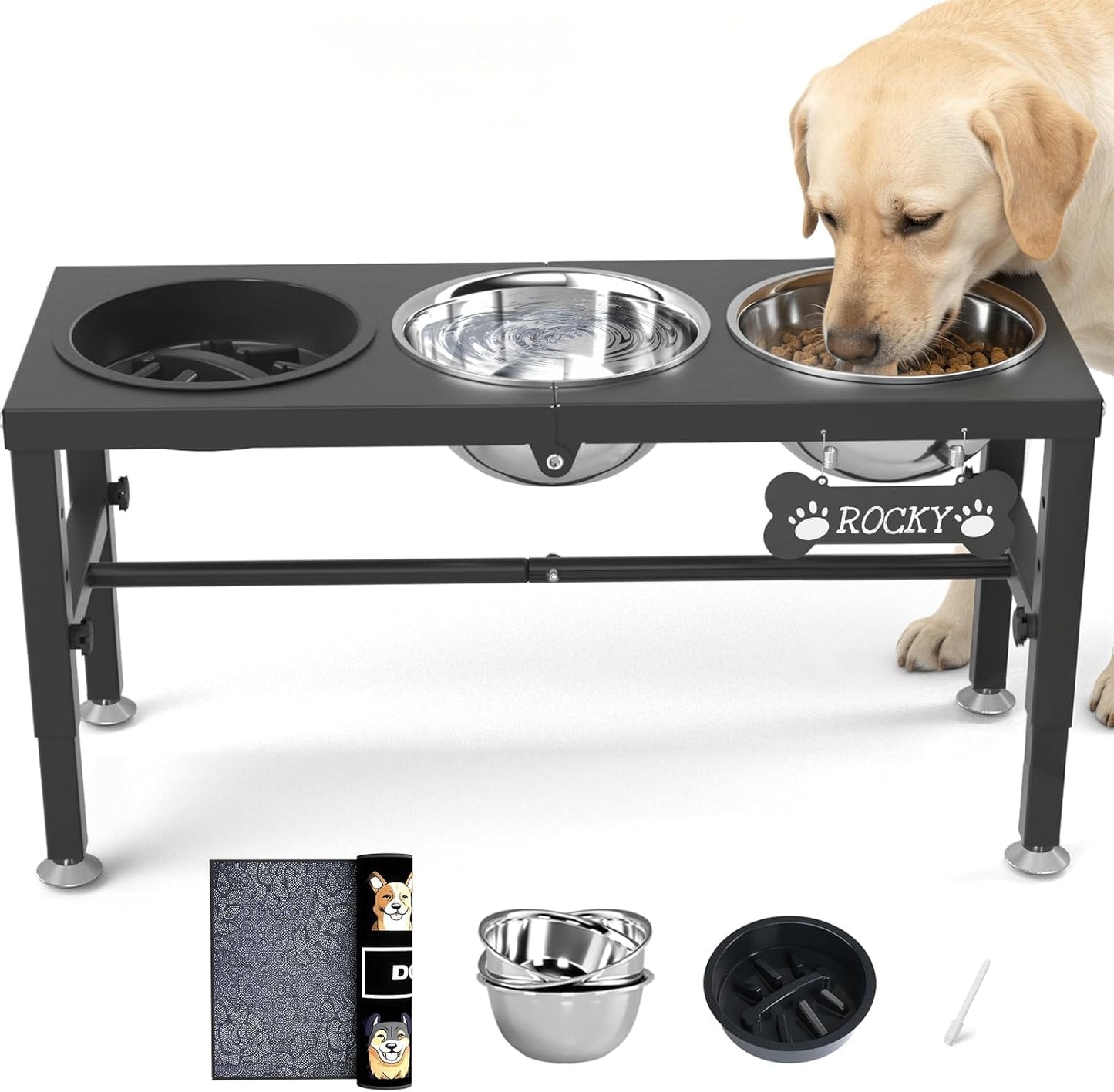 ADENGL Elevated Dog Bowls, 10" Tall Height, Raised Bowl Stand with 2 Stainless Steel Food Feeder Bowls (58oz) and Spill-Proof Mat for Medium Large and Small Breeds