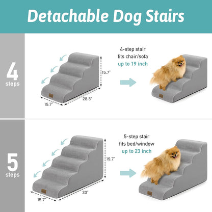 COZY KISS Dog Stairs for Small Dogs 15.7" H, 4-Step Sturdy Foam Dog Steps for Couch and Bed, Curved Pet Stairs for Puppy and Older Cat, Doggie Ladder with Washable Cover, 15.7x28.3x15.7 inch, Beige