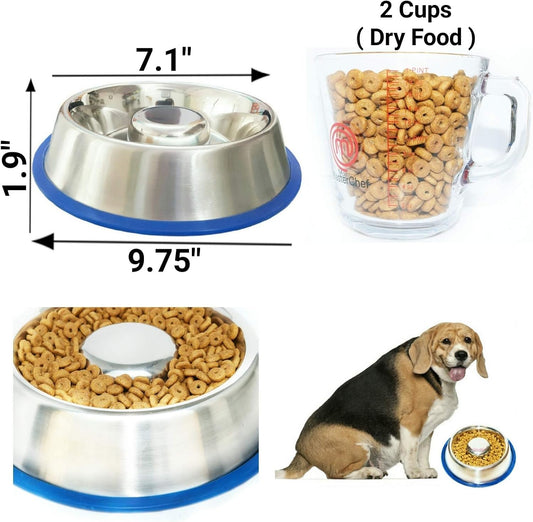 Mr. Peanut's Stainless Steel Interactive Slow Feed Dog Bowl with a Blue Base, Fun Healthy Bloat Stop Feeder (Large)