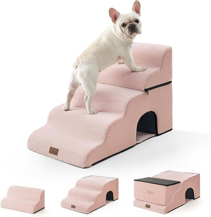 COZY KISS Extra Wide Dog Stairs with Tunnel, Foam Detachable Large Dog Step for Small Pet, Puppy or Cats, Medium Pet Ramp for High Bed, Couch, Sofa or Car, 19.7x33x22.4 inch, 5 Step, Beige