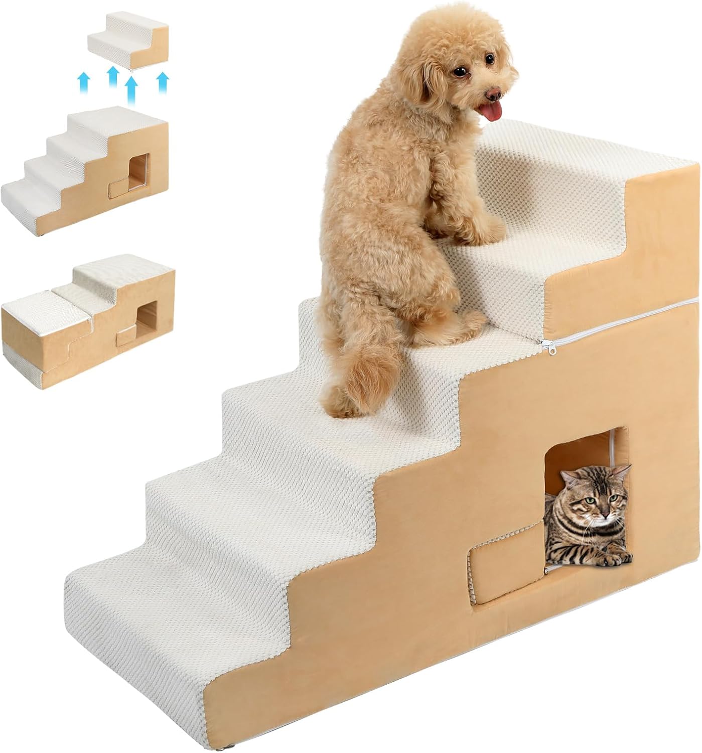 Dog Stairs for Small Dogs, 6-Step Dog Steps for High Bed, High-Density Foam Pet Stairs with Non-Slip Removable Washable Cover to Get on Bed