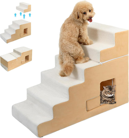 Dog Stairs for Small Dogs, 6-Step Dog Steps for High Bed, High-Density Foam Pet Stairs with Non-Slip Removable Washable Cover to Get on Bed