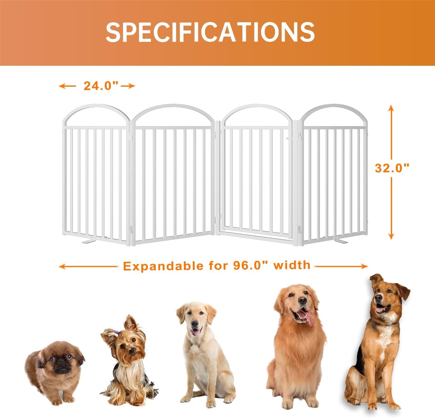 SNUOWU 4 Panels Full Matel Freestanding Dog Gates with Door, 96"Extra Wide 32"Tall Free Standing Dog Pet Gate for Indoor & Outdoor. Foldable Pet Fences for Doorways, House, Stairs, Porch, Deck, Yard