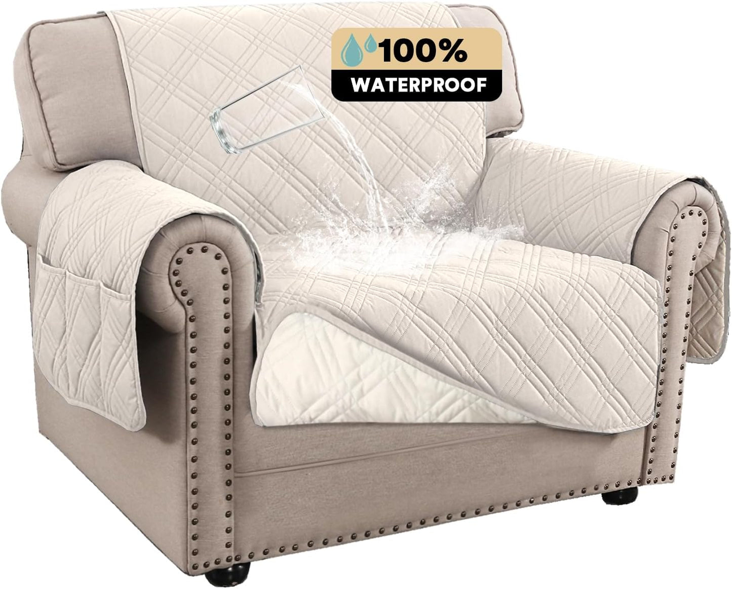 PrinceDeco 100% Waterproof Couch Cover for 3 Cushion Couch Sofa Pet Friendly Non-Slip Couch Cover for Dogs Washable Water Resistant Furniture Protector with Elastic Straps(Sofa 68", French Oak)