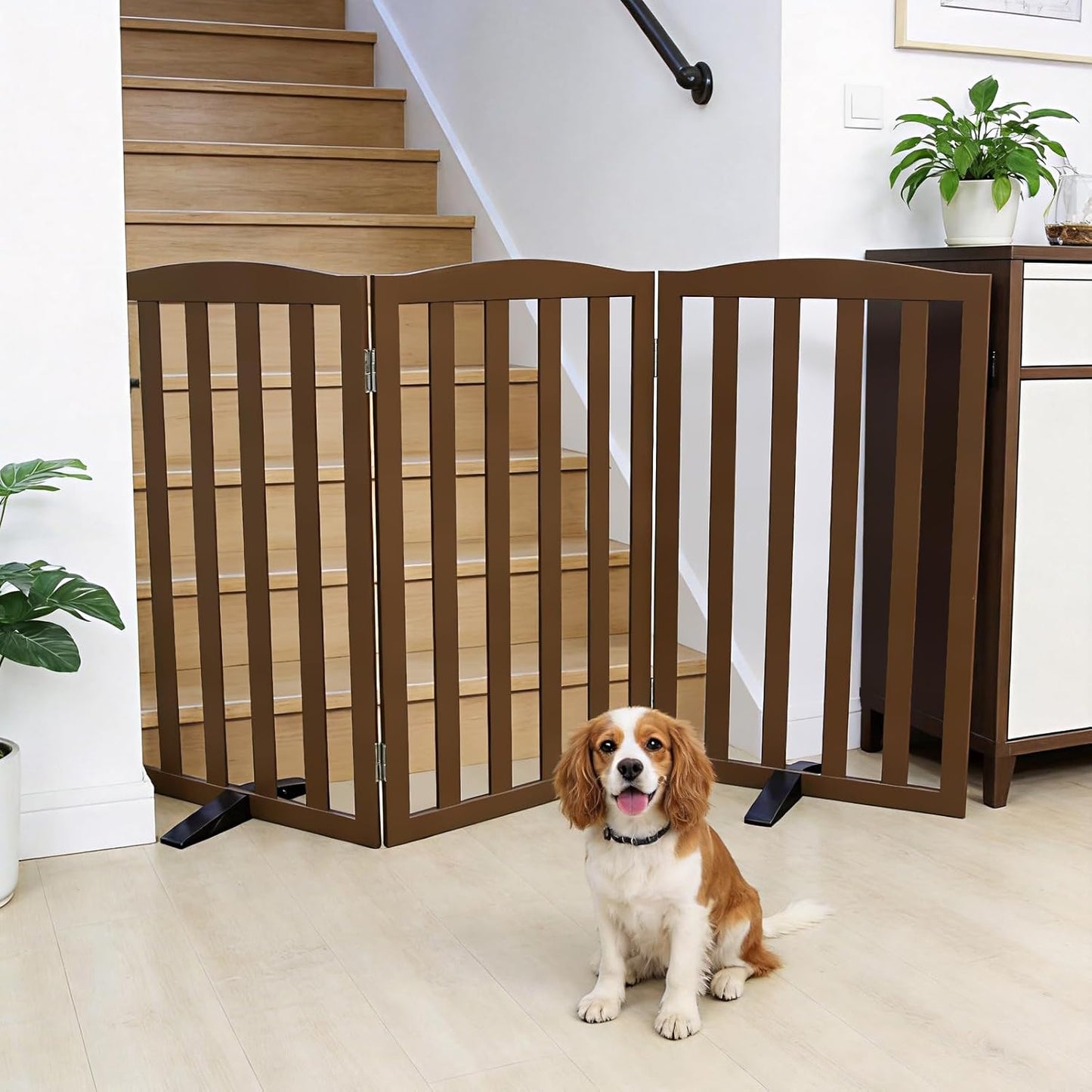 Freestanding Dog Gate Indoor,Doggie Gate Foldable Dog Gates for Doorways,Stairs or Hallways, Wooden White Pet Gate for the House, Pet Fence with Support Feet Included,24 "Height-4 Panels