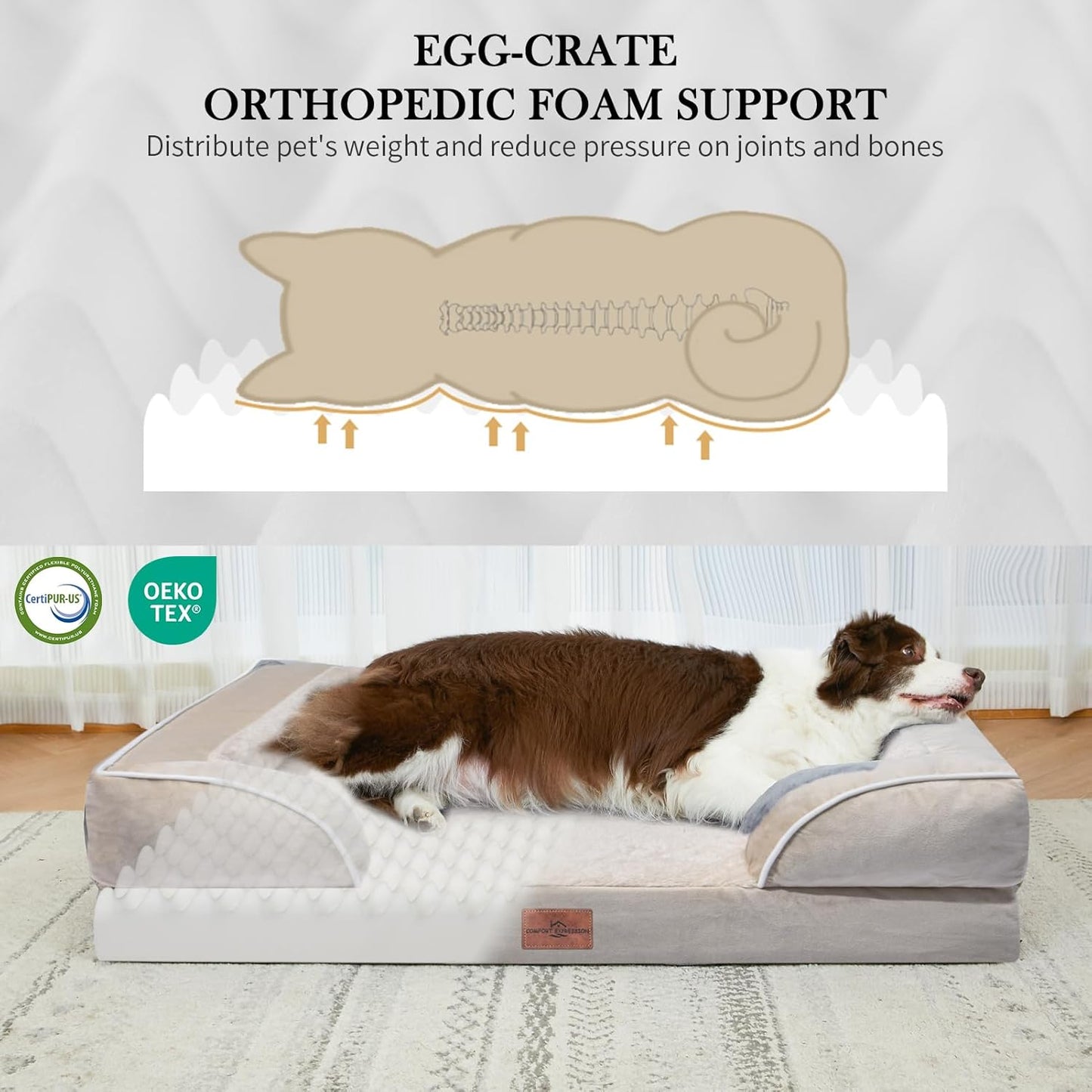 Comfort Expression Orthopedic Dog Bed for Extra Large Dogs 42x30 Inch, Waterproof Egg Crate Foam XL Pet Bed with Removable Bolsters, Dog Couch with Washable Cover & Non-Slip Bottom, Grey - Colors B