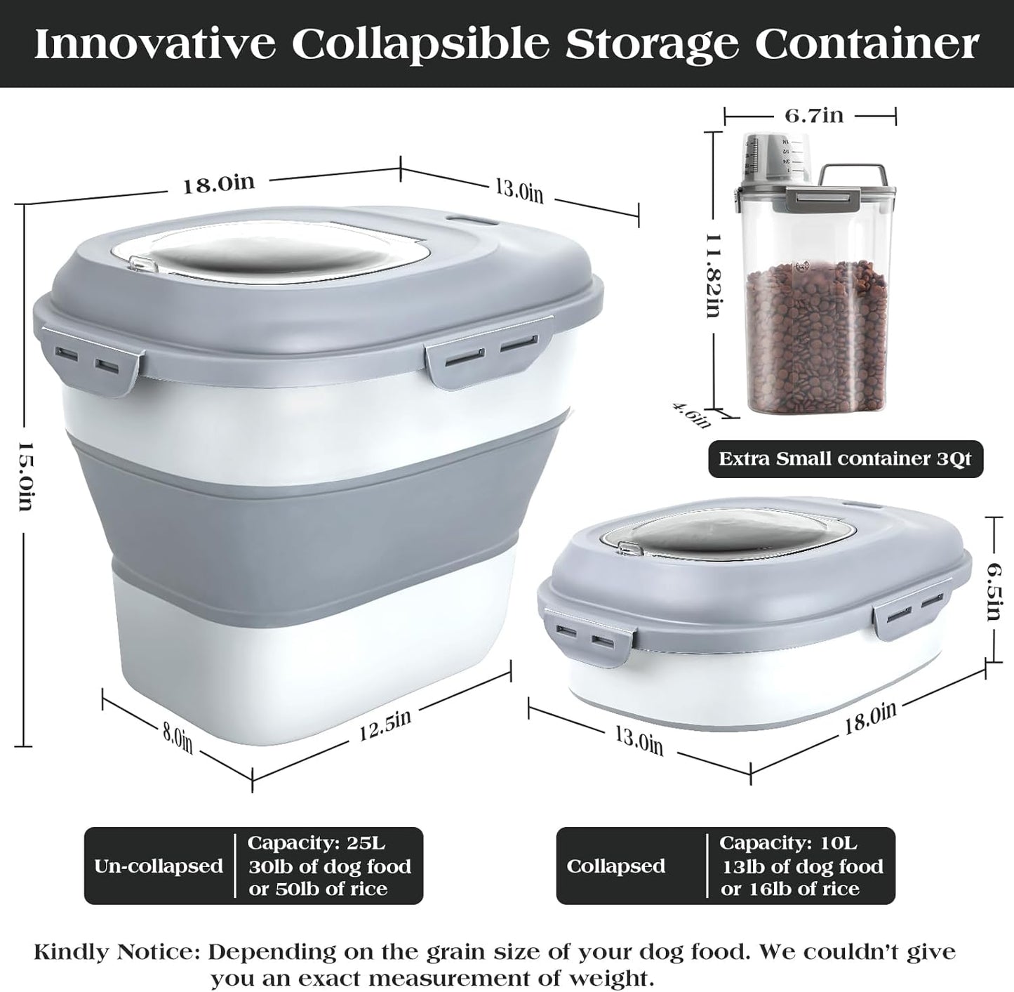 TIOVERY Dog Food Storage Container, Airtight Collapsible 13lb to 30lb Pet Food Container with Flip Top, Rolling Wheel, Scoop and a small container for Dog Cat Food and Dry Food of Rice, Flour