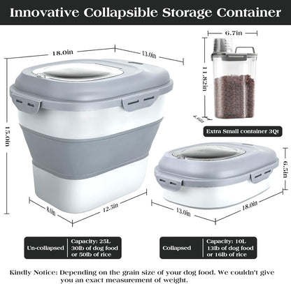 TIOVERY Dog Food Storage Container, Airtight Collapsible 13lb to 30lb Pet Food Container with Flip Top, Rolling Wheel, Scoop and a small container for Dog Cat Food and Dry Food of Rice, Flour