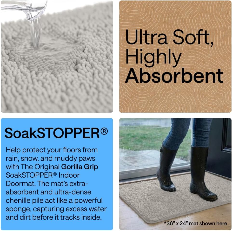 GORILLA GRIP SoakSTOPPER Dog Door Mat, 30x20 Machine Washable Rug Absorbent Doormat Captures Moisture Mud Dirt, Quick Dry Soft Chenille Entryway Rugs Indoor Entrance Mats for Dog Paws, Paw Grey