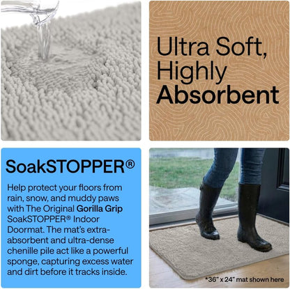 GORILLA GRIP SoakSTOPPER Dog Door Mat, 30x20 Machine Washable Rug Absorbent Doormat Captures Moisture Mud Dirt, Quick Dry Soft Chenille Entryway Rugs Indoor Entrance Mats for Dog Paws, Paw Grey