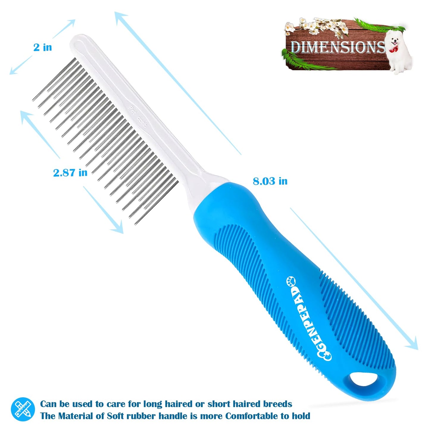 GENPEPADO Grooming Comb for Dogs and Cats with Matted Hair, Detangling Pet Comb with Long and Short Stainless Steel Metal Fine Teeth for Removing Mats, Tangles, Knots & Loose Fur from The Undercoat