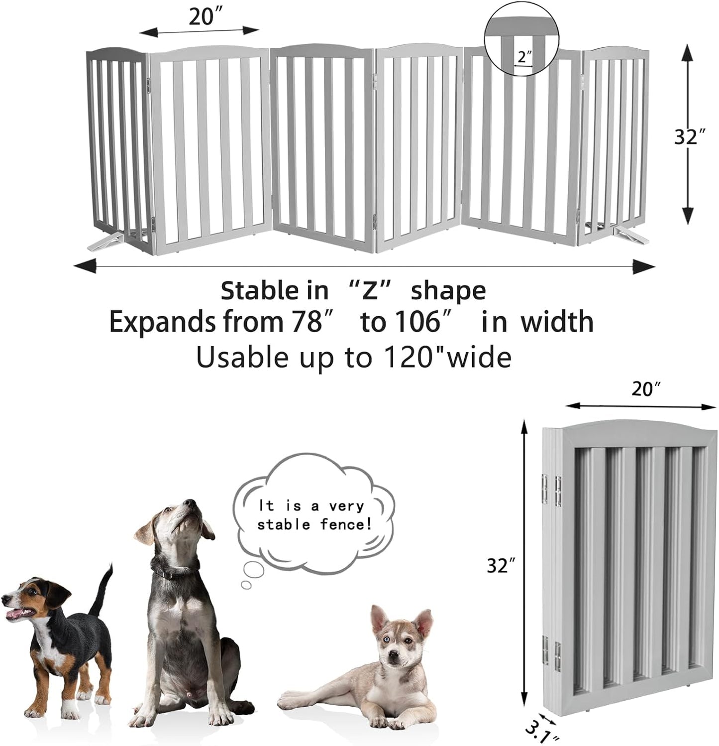 Freestanding Dog Gate Indoor,Doggie Gate Foldable Dog Gates for Doorways,Stairs or Hallways, Wooden White Pet Gate for the House, Pet Fence with Support Feet Included,24 "Height-4 Panels