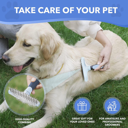 DOGI Deshedding Brush Comb - Undercoat Rake for Dogs, Cats, Short, Long Hair Coats - Double Row Stainless Steel Pins - Reduce Shedding by 90% (Green)