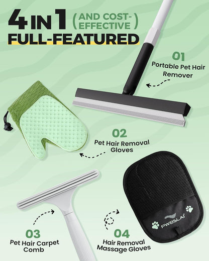 Carpet Rake for Pet Hair Removal Tool - 4 in 1 Pet Hair Remover Kit for Dog Cat Fur Remover, Contain 60" Adjustable Rubber Broom, Glove, Magic Brush and Scraper for Furniture,Short Pile Carpets, Mats