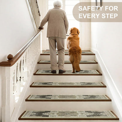 Non Slip Stair Treads for Wooden Steps Indoor, Dark Grey, 15pcs, 30"X8", Soft Carpet Mat, Machine Washable Boho Carpet Treads with Reusable Adhesive Backing, Safety Stair Tread for Dogs, Kids, Elders