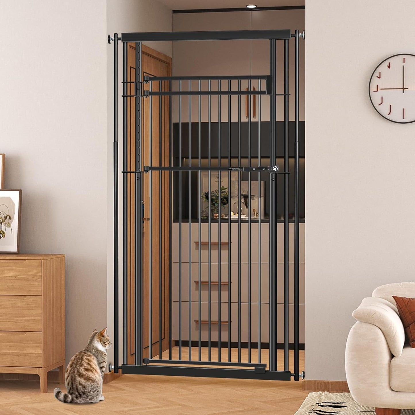 78.8" Extra Tall Pet Gate for Cat/Dog, 32.8-37.4" Wide Tall Cat Gate for Doorways/Hallways, NO Drilling Pressure Mounted Dog Gate for Stairs, Studio, Kitchen (Black)