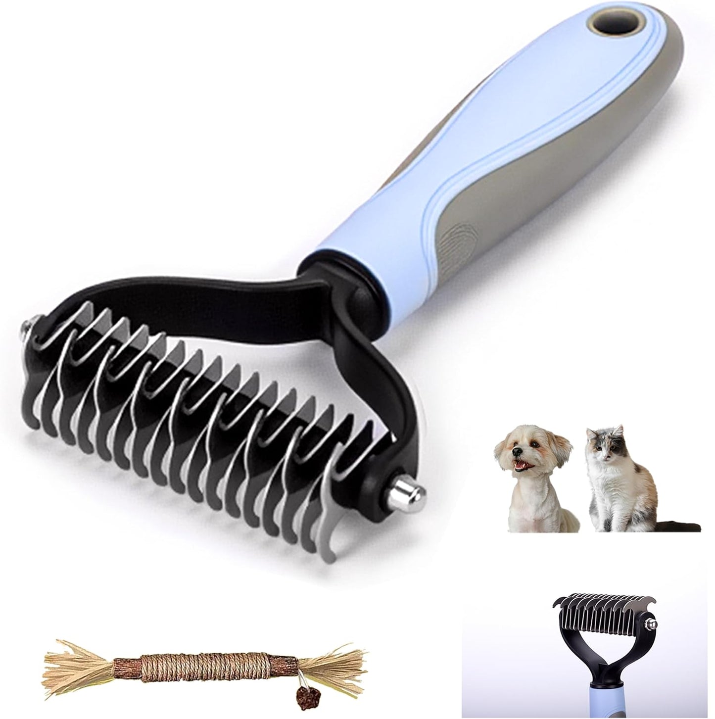 Double Row Undercoat Rake for Dogs & Cats - Wooden Handle Metal Dog Comb, Pet Grooming Dog Rake for Deshedding & Detangling