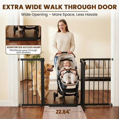 Mumeasy Baby Gate Extra Wide, 29.7-51'' Pressure Mounted Dog Gate with Walk Thru Door, Auto Close Pet Gate for House, Stairs, Doorways,Black