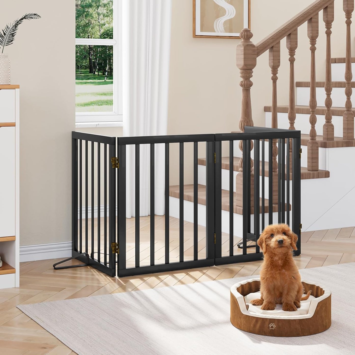 Freestanding Dog Gates Indoor, 3-Panel Pet Gates with 2 Metal Stands and 360° Hinge, 24" H Foldable Dog Gate for Stairs, Doorway, Kitchen, Expands Up to 55" Fully Assembled - Black Walnut
