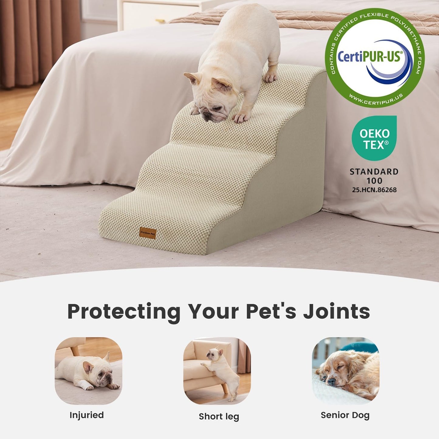 Gardner Pet 4-Step Dog Stairs for Small Dogs 18.5" H, Curved 4-Step Pet Stairs, Dog Steps for High Bed (18-20 in), Couch with Durable Non-Slip Waterproof Fabric Cover and CertiPUR-US Certified Foam