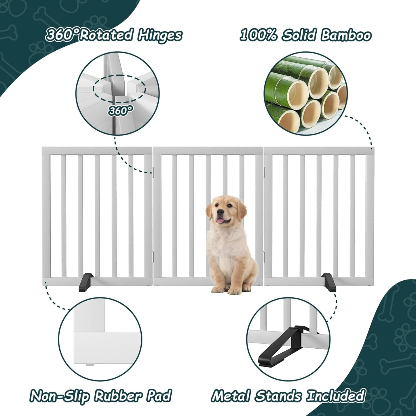 Freestanding Dog Gates Indoor, 3-Panel Pet Gates with 2 Metal Stands and 360° Hinge, 24" H Foldable Dog Gate for Stairs, Doorway, Kitchen, Expands Up to 55" Fully Assembled - Black Walnut