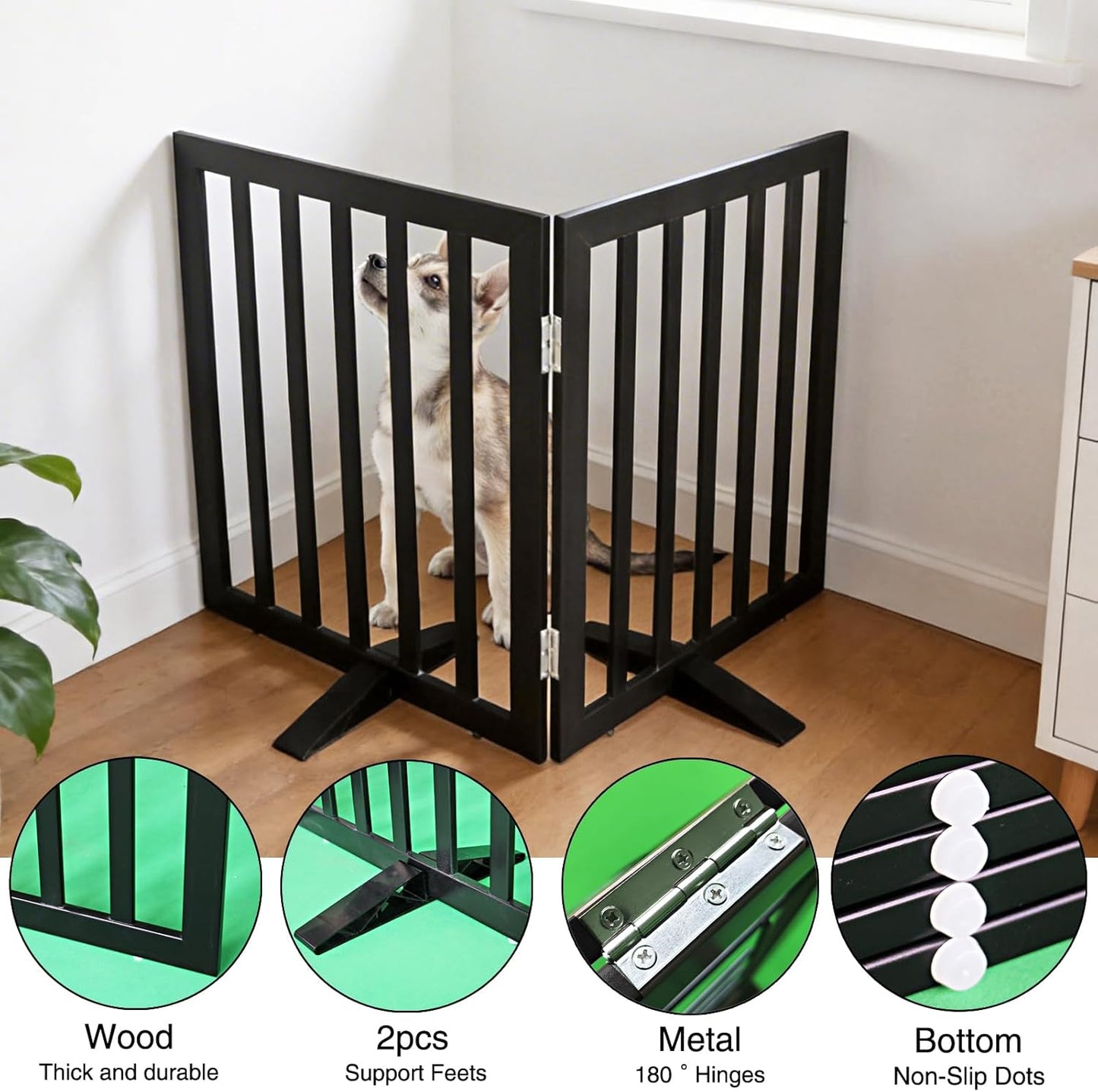 ZJSF Freestanding Indoor Dog Gate for House Foldable Wood Puppy Gate for Doorways Pet Gate for Stairs Extra Wide Pet Fence, Brown, 24" Height 3 Panels