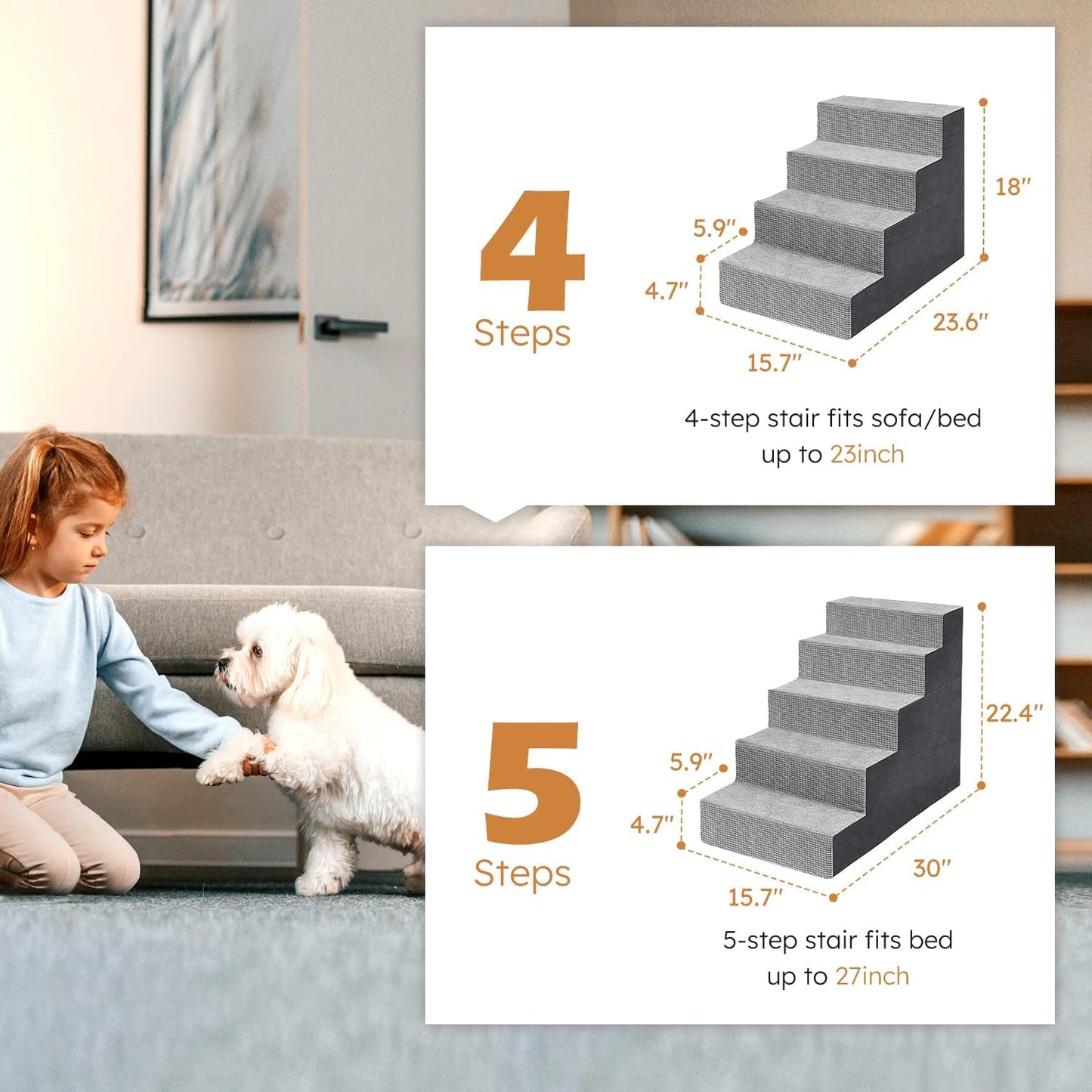 Heeyoo Dog Stairs for Small Dogs, 4-Step Dog Steps for High Bed and Couch, High-Density Foam Pet Steps with Supporting Board, Non-Slip Removable Washable Cover, Grey, 18" High