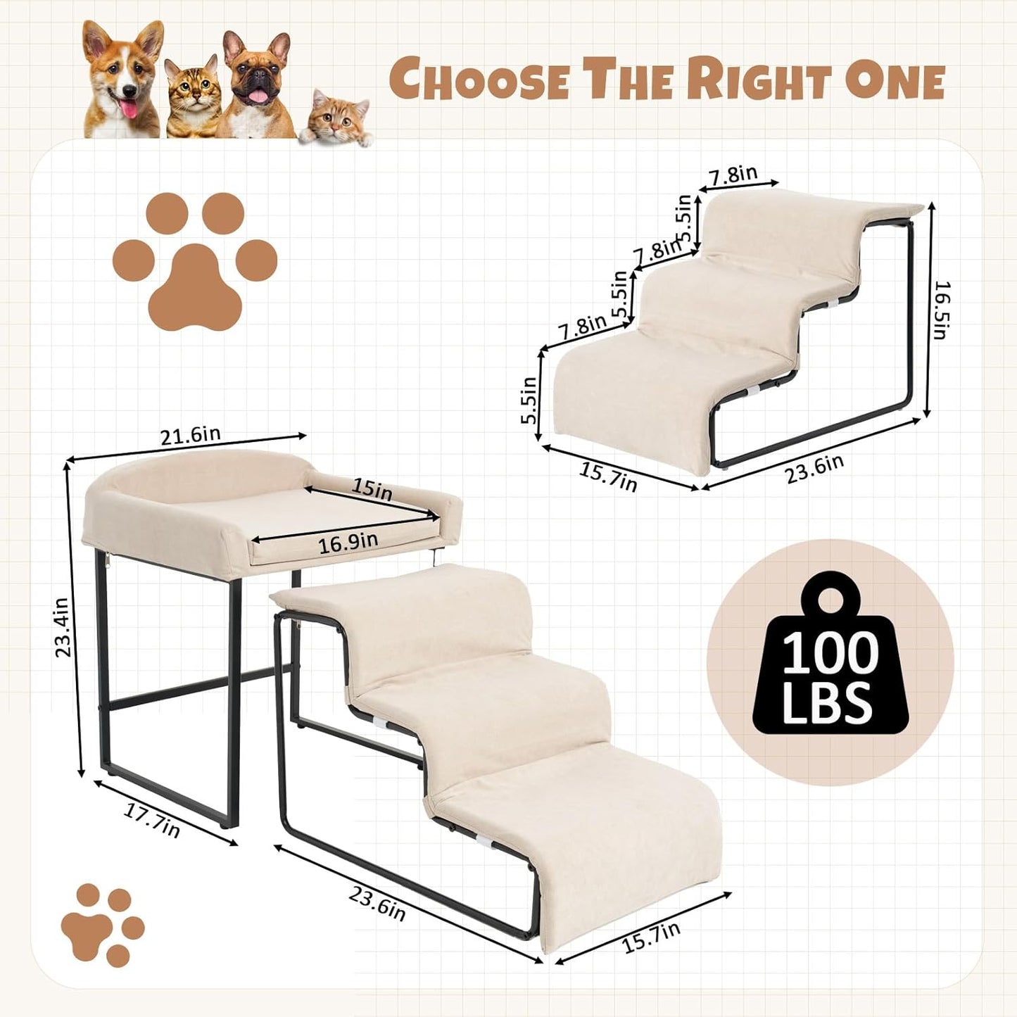 Stairs for Dogs to get on Bed 3-Step Pet Ramp for High Beds Sponge Dog Ramp Non-Slip Washable Cover The Sturdy Iron Frame with Anti-Slip Points Ideal for Small Dogs Cats Senior Pets with Joint Issues