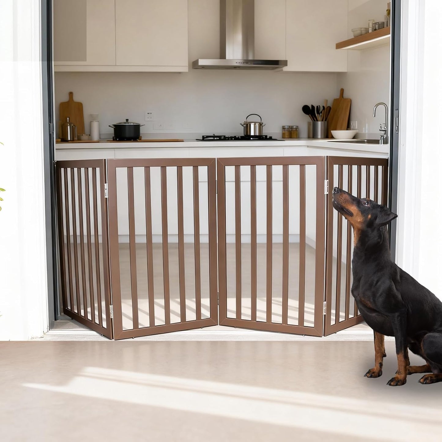 ZJSF Freestanding Indoor Dog Gate for House Foldable Wood Brown Puppy Gate for Doorways Pet Gate for Stairs Extra Wide Pet Fence 24" Height 2 Panels