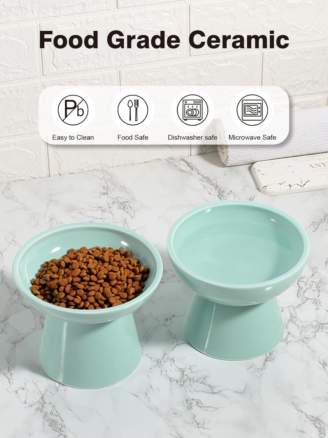 LoeJan Elevated Cat Food and Water Bowls Set, Extra Wide and Raised Ceramic Bowls, Anti-Vomit Whisker-Free Pressure Cat Feeder for Kittens to Adult Cats and Small Dogs (White, Water Bowl)