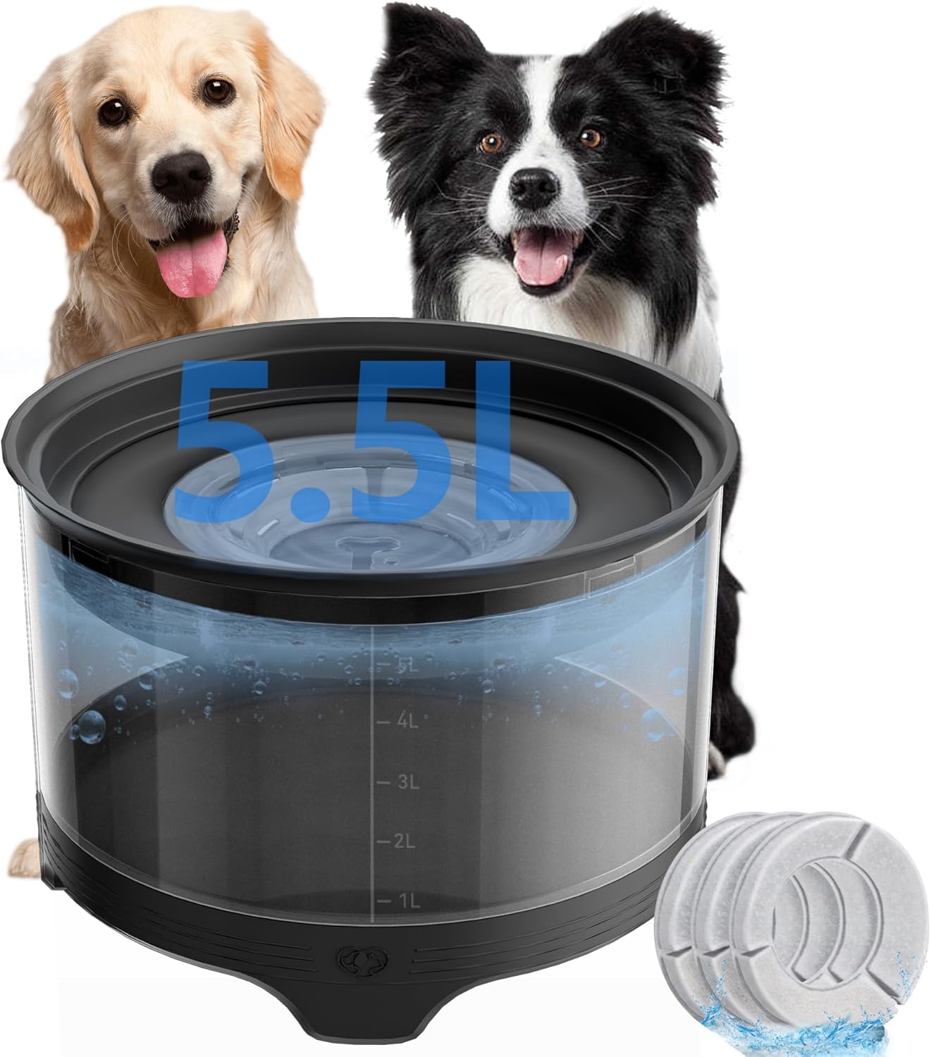 5.5L No Spill Water Bowl for Dogs, 1.45Gallon No Splash Large Dog Water Bowl with Floating Disk, Spill Proof Slow Drinking Dog Bowl for Messy Drinkers and Senior Dogs Indoor/Outdoor Use Gray