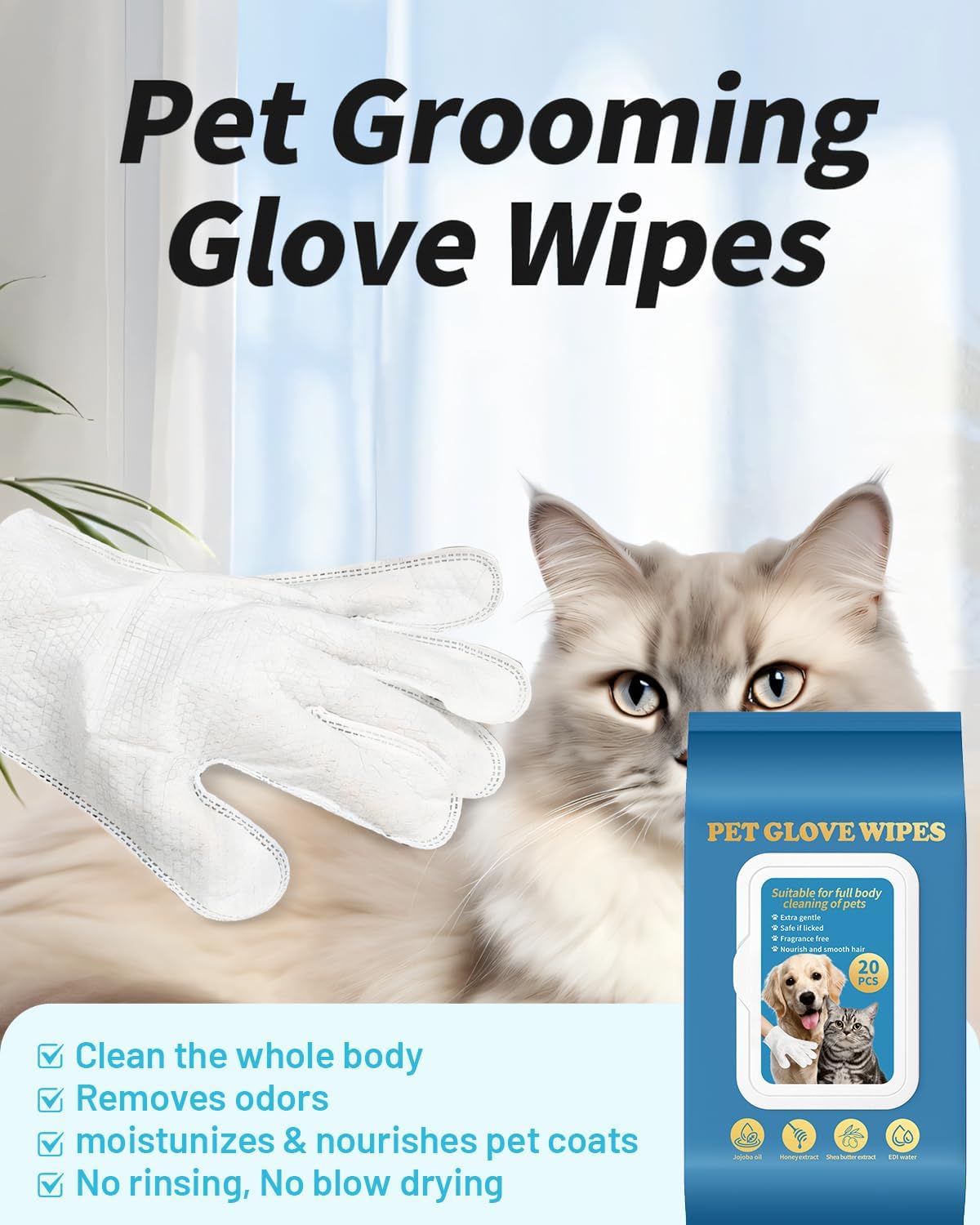 Dog Glove Wipes for Paws, Butt, Ears & Eyes - Pet Cleaning Wipes After Walk, Potty & Grooming | Extra Large Thick Rinse-Free for Dogs & Cats | Hypoallergenic Fragrance-Free for On-the-Go & Camping