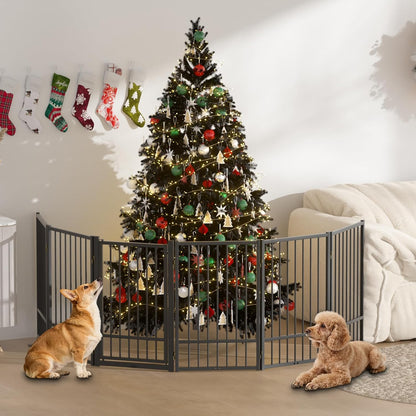 SNUOWU Full Metal Freestanding Dog Gate with Door, 32''Height Foldable Pet Dog Fence for Indoor & Outdoor, 4 Panels Extra Wide Free Standing TallDog Gates for Doorways,House,Stairs,Porch,Deck,Yard
