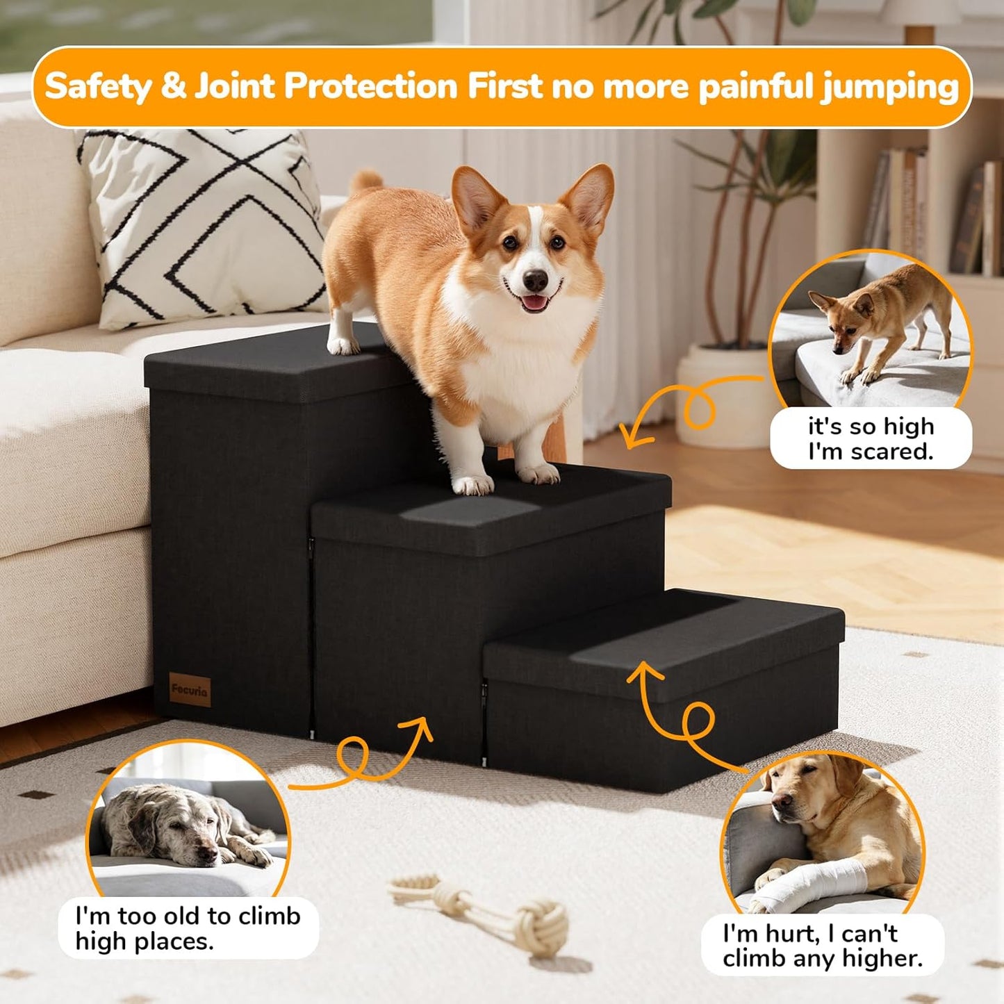 3-Step Wide Dog Stairs with Hidden Storage 18" H, Non-Slip Dog Steps for High Bed Couch Window Car, Jiont-Friendly Pet Stairs Ramp for Small/Medium/Large Old Dogs Cats Up to 200lbs, Grey