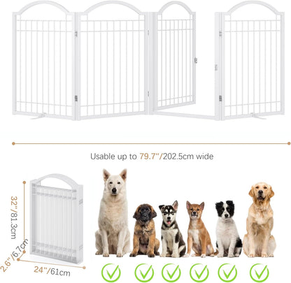 BHG Metal No-Assembly Freestanding Dog Gate with Door Walk Through, Extra Wide 144", Extra Tall 32" Pet Gate, Accordion Puppy Folding Playpen Dog Fence, with 2PCS Support (Black, 6 panesl)