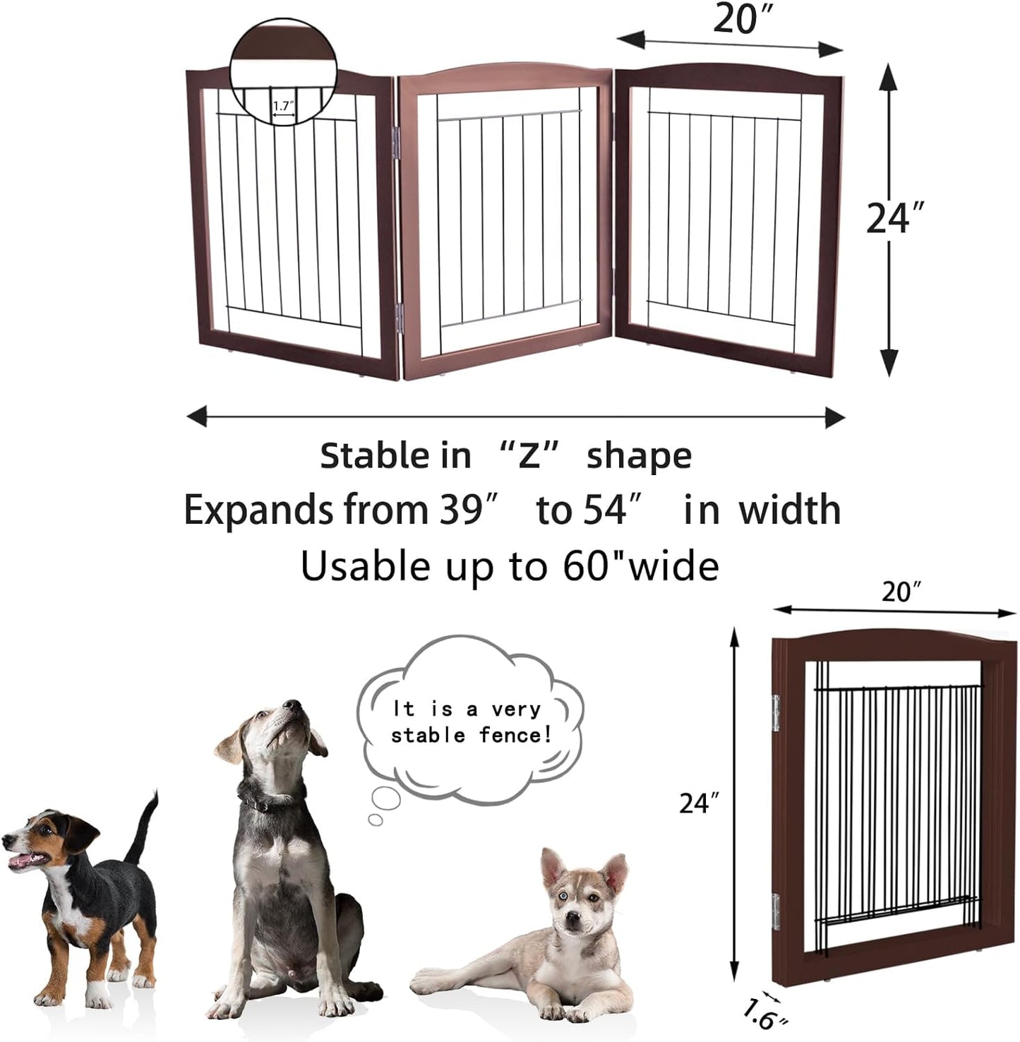 ZJSF Freestanding Foldable Dog Gate for House Extra Wide Wooden Brown Puppy Gate Stairs Dog Gates Doorways Tall Pet Gate 24 "Height 3 Panels Pet Fence