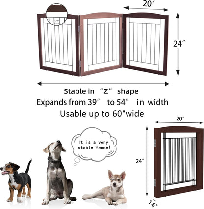 ZJSF Freestanding Foldable Dog Gate for House Extra Wide Wooden Brown Puppy Gate Stairs Dog Gates Doorways Tall Pet Gate 24 "Height 3 Panels Pet Fence