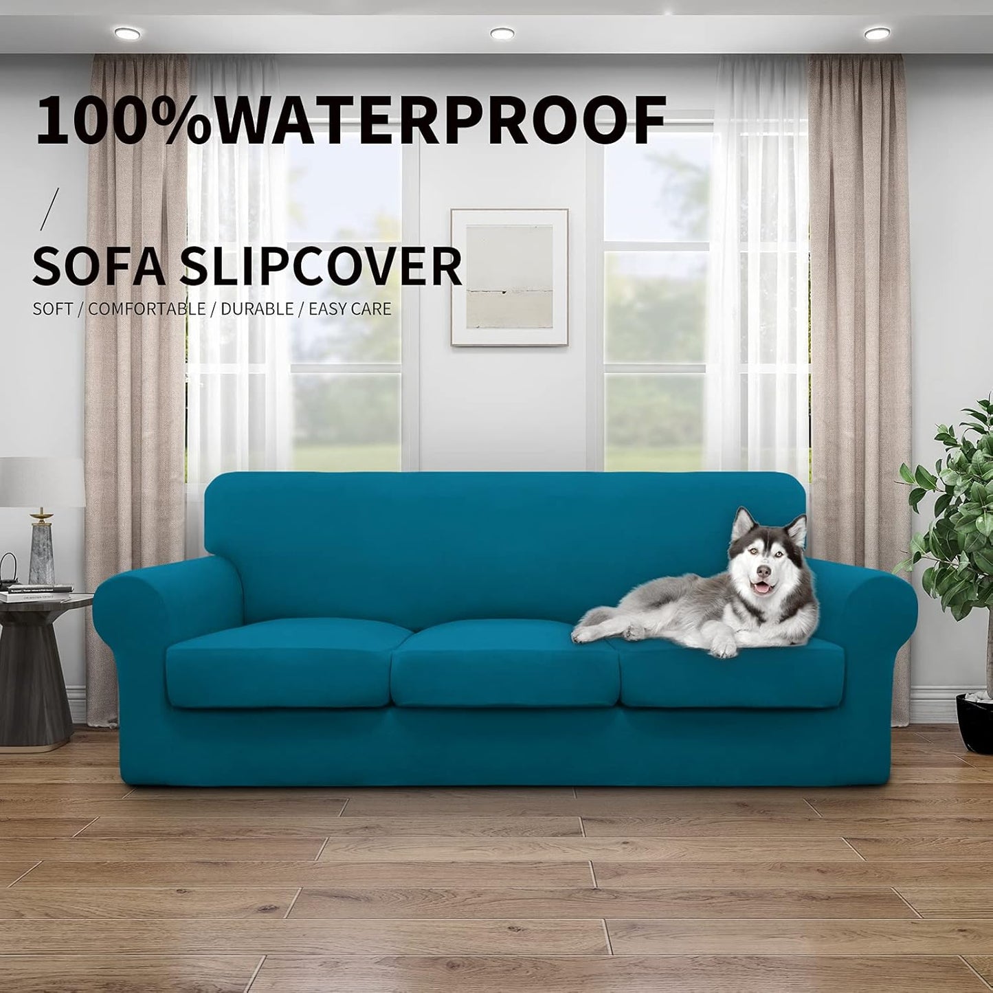 Easy-Going 100% Dual Waterproof 4 Pieces Stretch Soft Couch Cover for Dogs, Sofa Slipcover for 3 Separate Cushion Couch Leakproof Furniture Protector for Kids, Pets Dark Gray