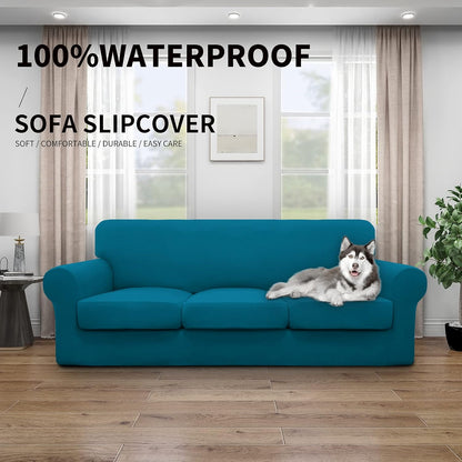 Easy-Going 100% Dual Waterproof 4 Pieces Stretch Soft Couch Cover for Dogs, Sofa Slipcover for 3 Separate Cushion Couch Leakproof Furniture Protector for Kids, Pets Dark Gray