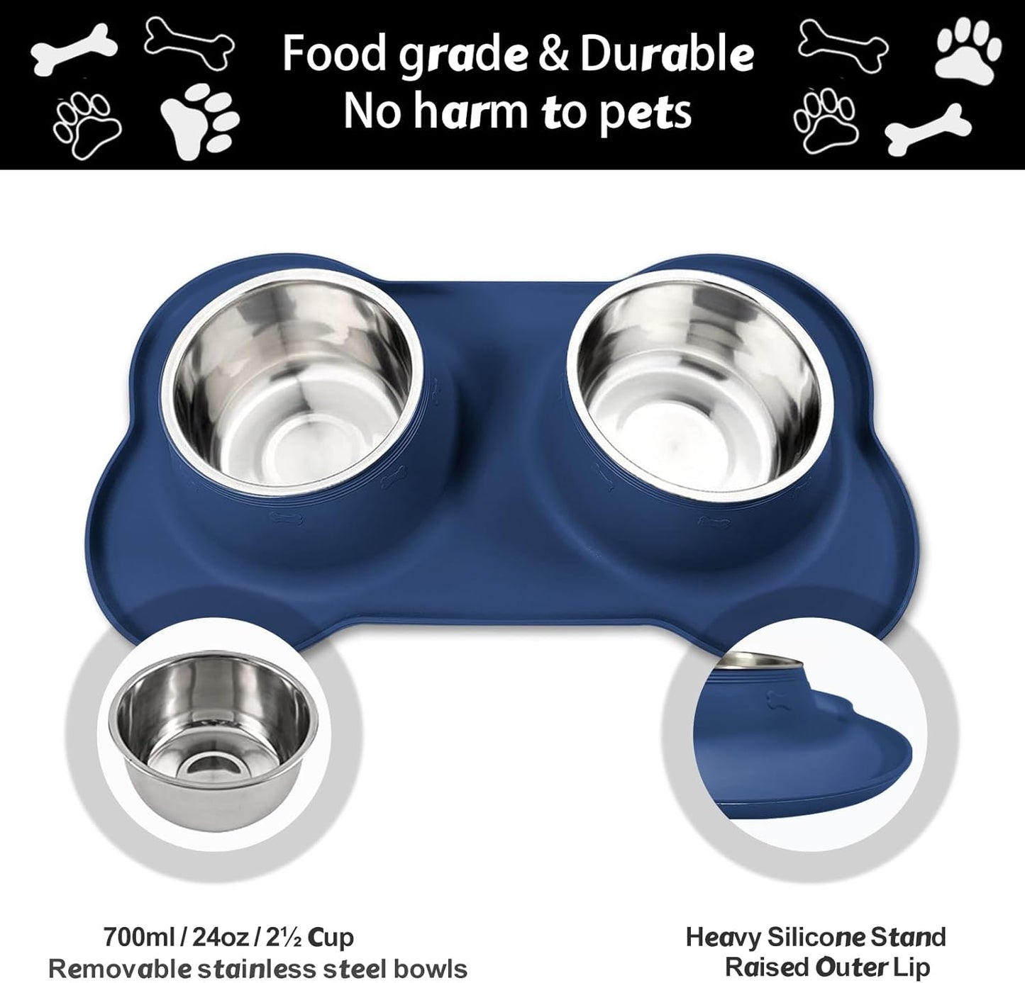 AsFrost Dog Food Bowls Stainless Steel & Water Dish with No-Spill and Non-Skid, Feeder Bowls with Dog Food Dish for Small Medium Large Size,Dogs,Cats,Puppy Pets, Black, 12oz
