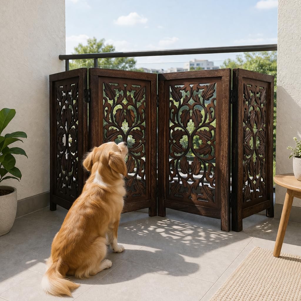 Freestanding Pet Gate for Dogs, Foldable Wooden Dog Gate for House, Indoor Dog Gate for Stair, Doorway, House Design Gates for Dogs Indoor, 72 Inch Wide, (18" x4 Panels 72 inch), Burnt Finish