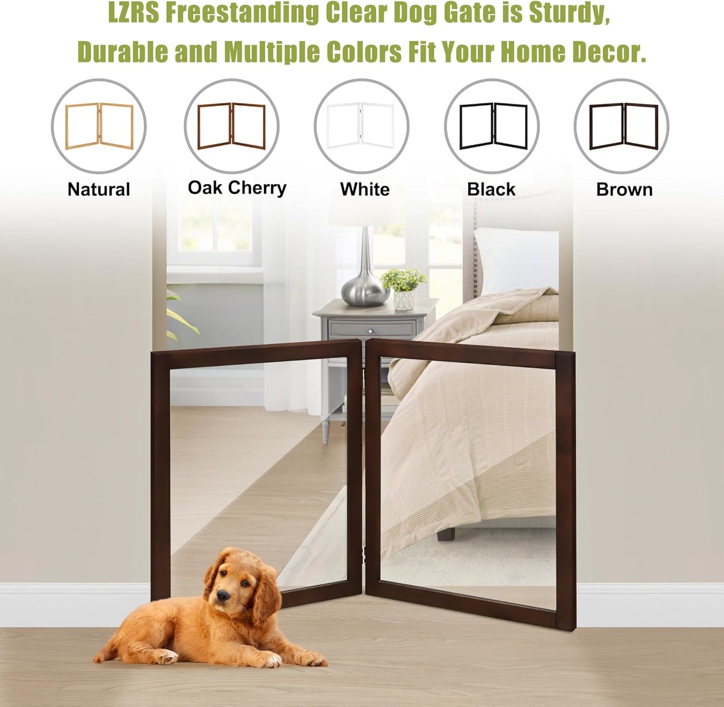 LZRS Clear Dog Gate for Indoor Use - Transparent Pet Fence with Solid Hardwood and Plastic Board, Stylish & Durable freestanding Pet Gate for Doorways, Stairs and Hallways-2 Panel Cherry