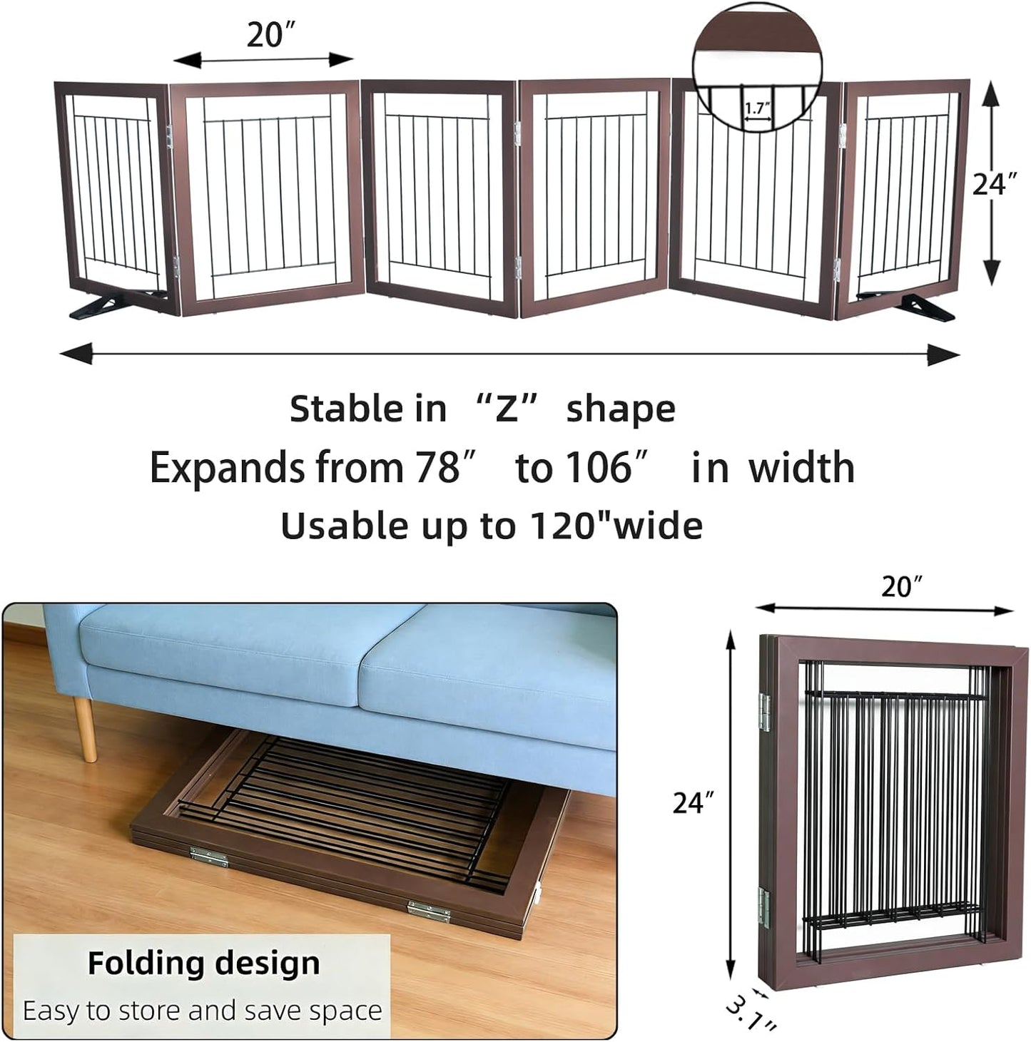 ZJSF Freestanding Dog Gate Indoor, Foldable Dog Fence for Doorways,Hallways or Stairs, Sturdy Wood Extra Wide Pet Gate with Support Feet,Black,24 "Height-3 Panels