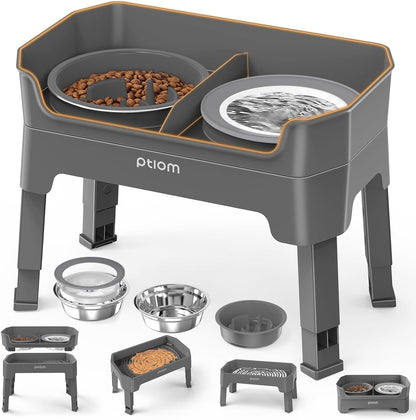 KPWACD 3-in-1 Elevated Dog Bowls Mess Proof Raised Slow Feeder Dog Bowls, 4 Height Adjustable Stand Licking Plate with 2 56oz Stainless Steel Doggy Food Dish for Small Medium Large Pets