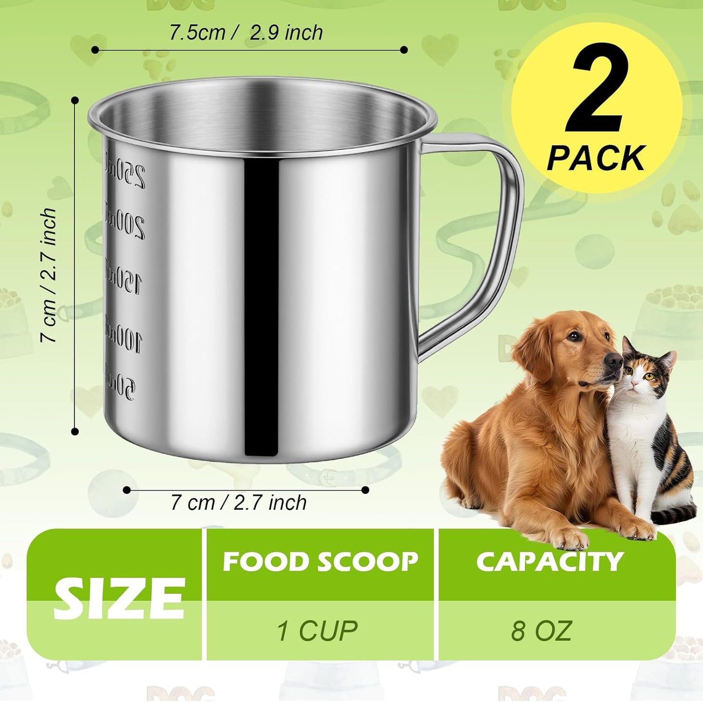 2 Pcs Dog Food Scoop 1 Cup,304 Stainless Steel Measuring Cups with Handle Pet Food Scoop Cup Measuring Scoop for Dogs, Cats, Birds & Rabbits – Ideal for Dry Food & Treats (1 CUP)