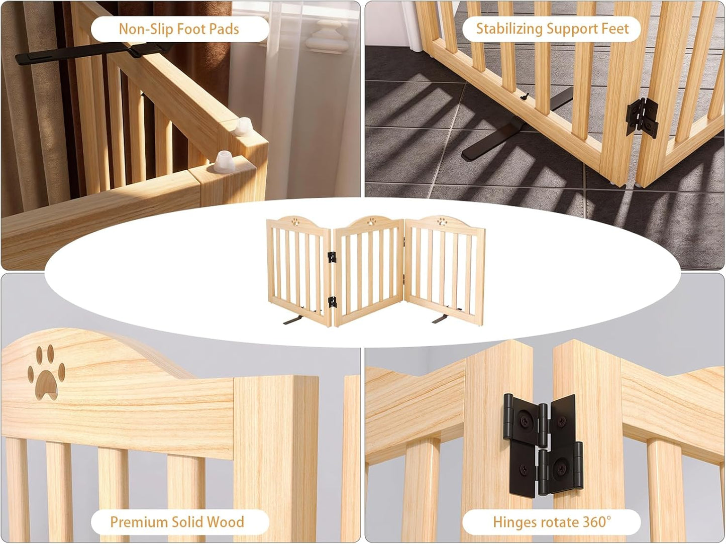 YOCAN Foldable Wooden Dog Gate, 23.6" Tall 3 Panels Indoor Puppy Gate, Freestanding Pet Dog Fence, No Assembly Portable Pet Barrier for Doorways, Stairs & Hallways