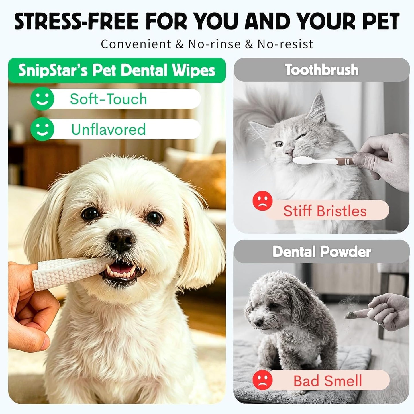 60 Counts Dental Wipes for Dogs Teeth & Cats, No-Rinse Dog Tooth Wipes for Breath Freshener & Gum Care, Pet Toothbrush Toothpaste Alternative, Unscented Disposable Dog Oral Teeth Cleaning Finger Wipes