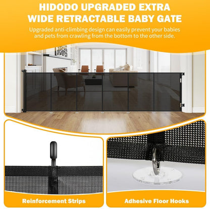 47” Extra Tall Retractable Baby Gate, Reinforced Mesh Dog Gate Extends to 71" Wide, Baby Gate for Stairs, Doorways, Hallways, Indoor and Outdoor, Black