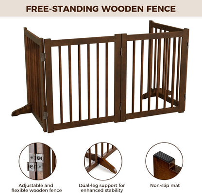 36" H Freestanding Dog Gate, Solid Wood Foldable Pet Gate with Support Feet, Wooden Tall Dog Gate for Doorway, Stairs & Indoor Use, 60" Wide Expandable Pet Fence, 3 Panels, Walnut